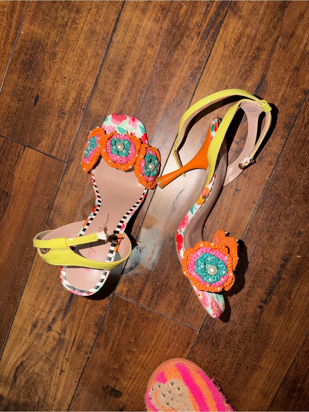 Betsey Johnson Yellow & Orange Floral Heels with Beaded Flower Accent